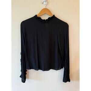 Avec Les Filles Ruffle Neckline Long Sleeve Semi Crop Top Black Women's Size XS